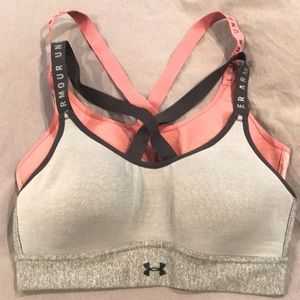 Under Armour sports bras, small, lightly lined. Grey and Red.